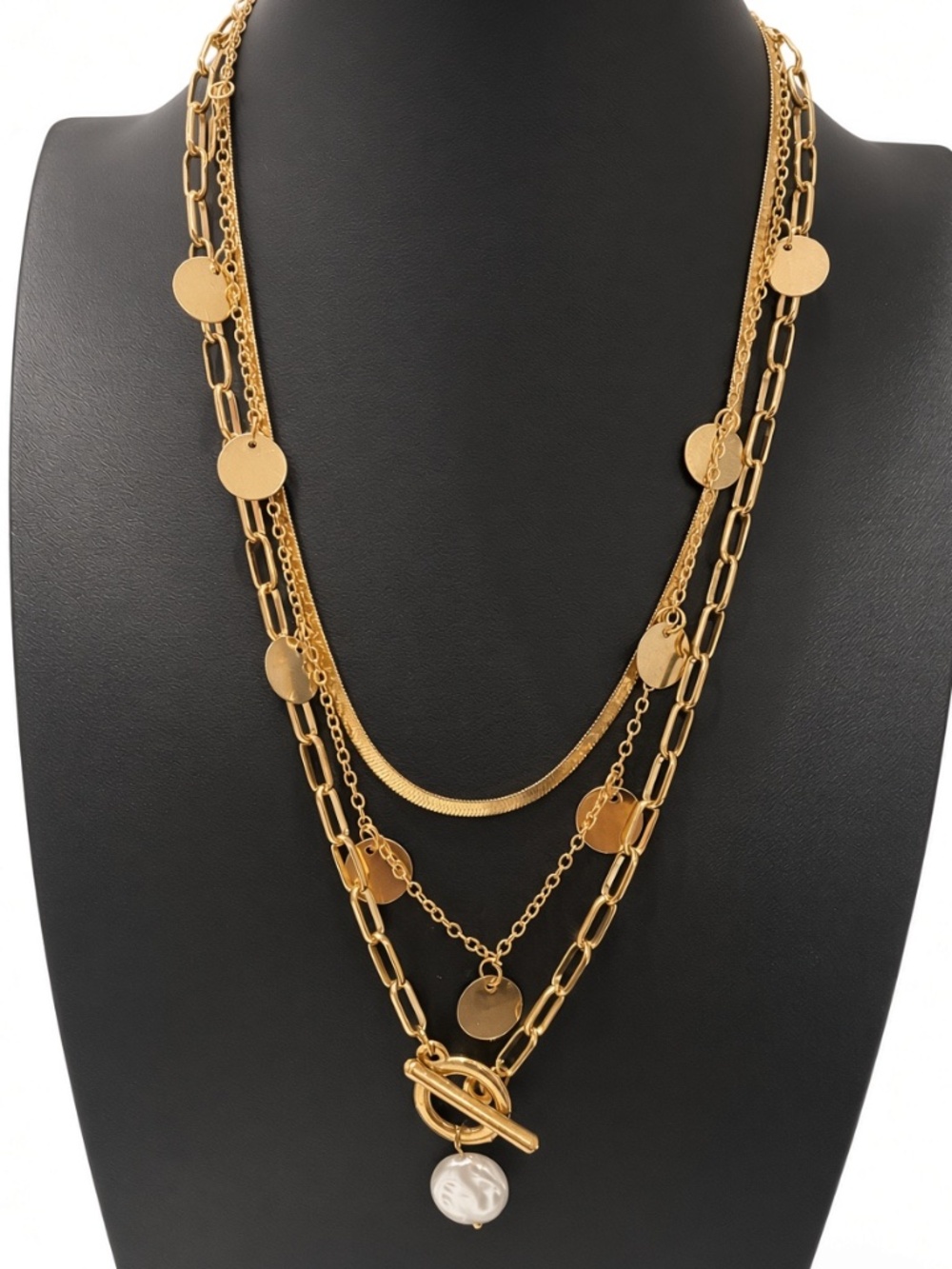 Goldtone Layered Necklace With Disc Charms, Toggle & Pearl Drop